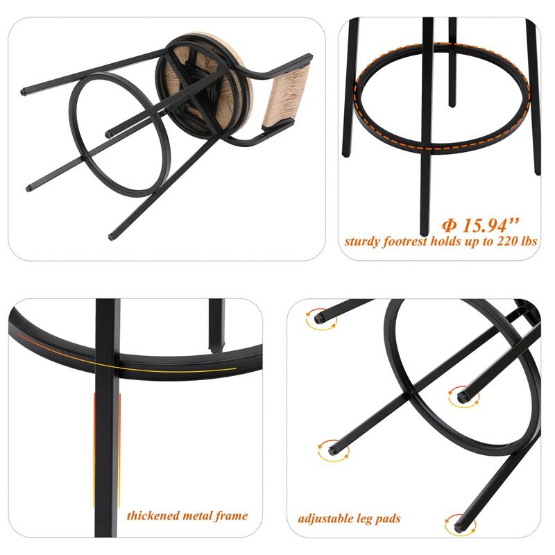 Swivel Counter Height Bar Stools Set of 2, Bar Height Stools, Paper Rope Woven Bar Stools, Farmhouse Island Chair w/ Metal Frame