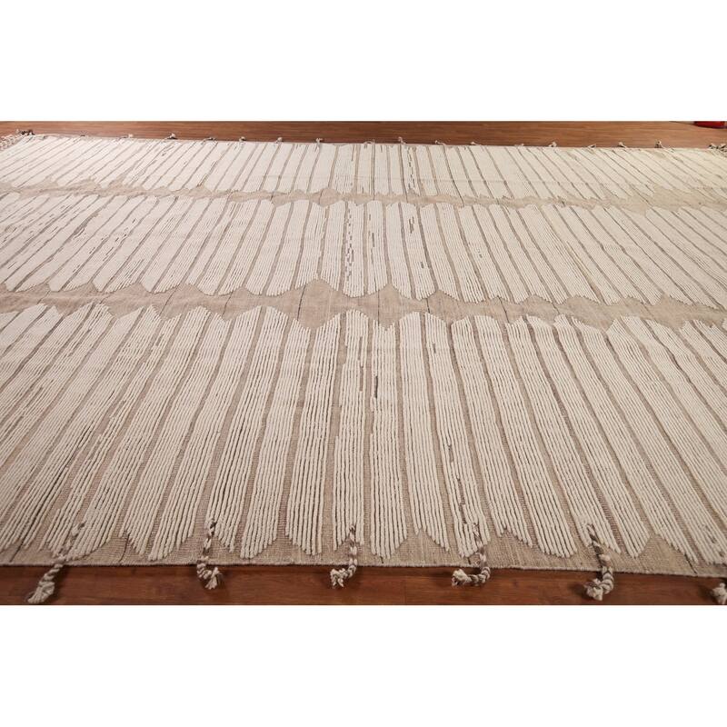 All-Over Striped Moroccan Large Area Rug Hand-Knotted Wool Carpet - 12'8"x 20'3"