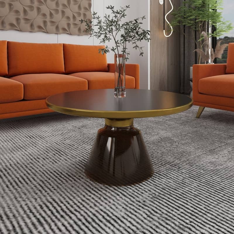 Tully Modern Round Glass/Stone Coffee Table with Brushed Gold Iron Rim Frame Glass Pedestal Base Fully Assembled