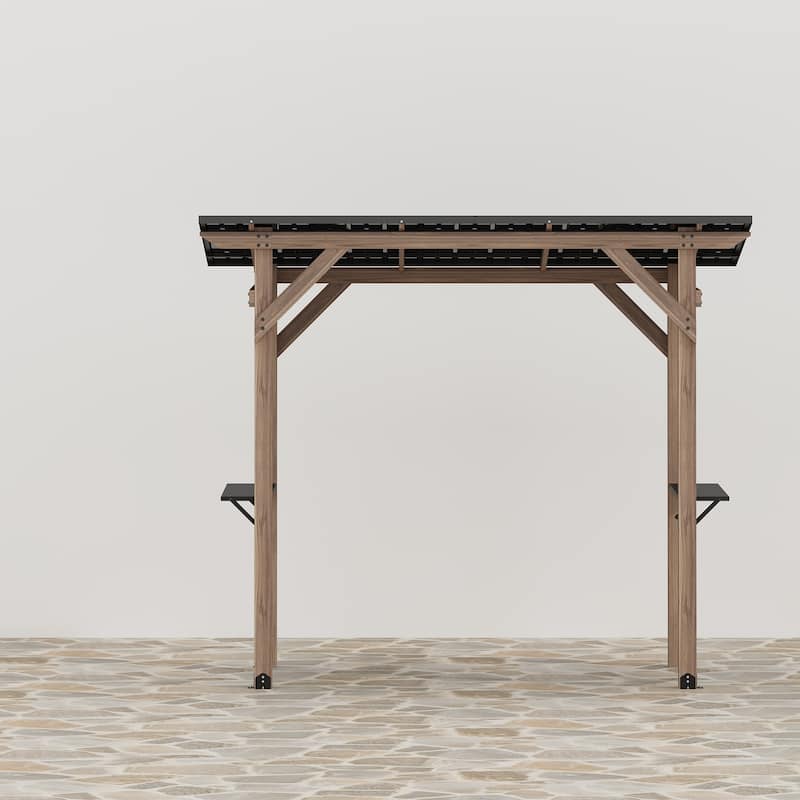 Outdoor Cedar Wood BBQ Grill Gazebo with Steel Hardtop Roof and Dual Side Bar Shelves