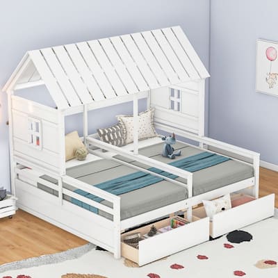 Twin Size House Platform Beds with Two Drawers for Boy and Girl Shared Beds, Combination of 2 Side by Side Twin Size Beds