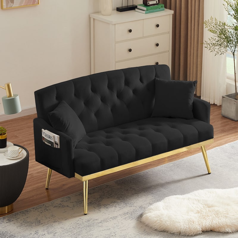 Velvet Loveseat, Upholstered Tufted Couch with 2 Pillow and 2 Pockets Lounge Couch, 2 Seater Couch with 4 Metal Legs - Black