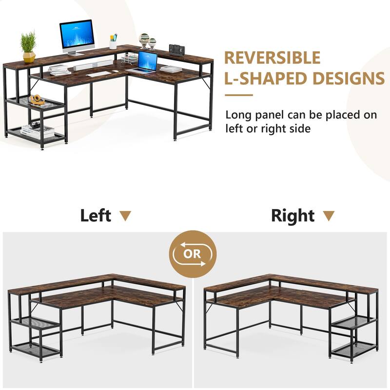 69" L Shaped Desk with Monitor Shelf, Reversible Corner Computer Desk for Office Home