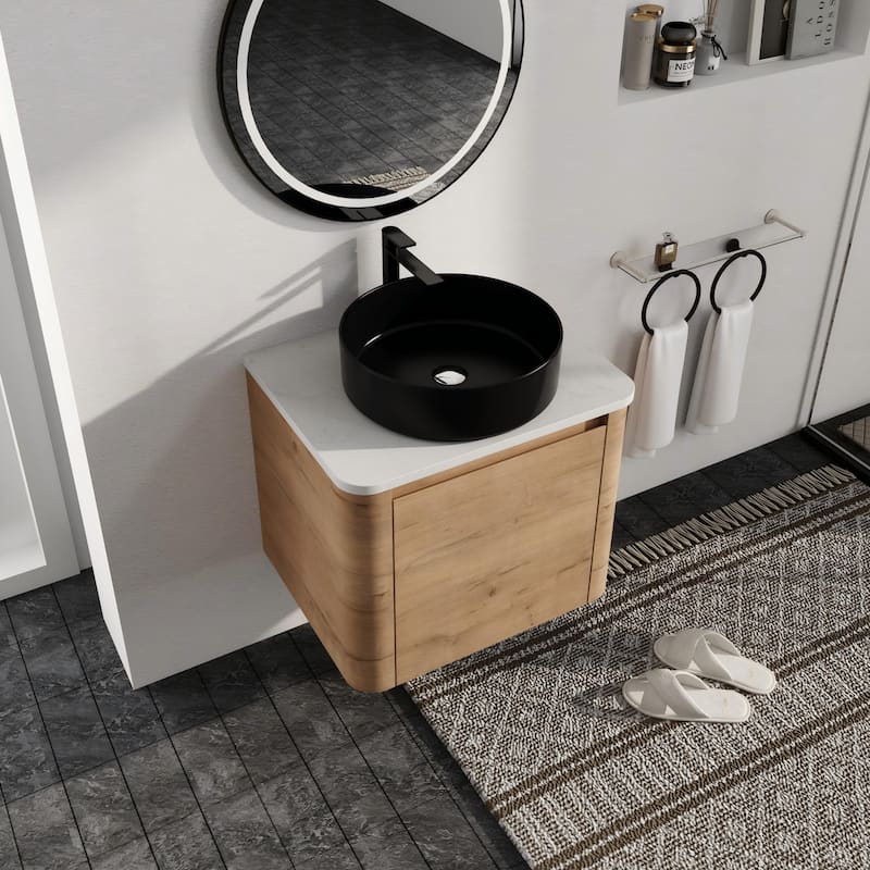 Malwee 24"/30" Floating Bathroom Vanity, Wall Mounted Bathroom Vanity with Ceramic Sink and Soft Close Door - 23.6"×18.5"×24.4" - Brown-Matt Black Sink