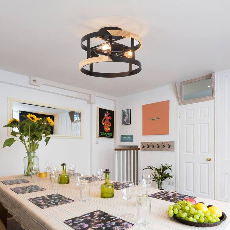 3-Light Drum-shaped Semi Flush Mount Chandelier for Hallway Entryway Dining Room