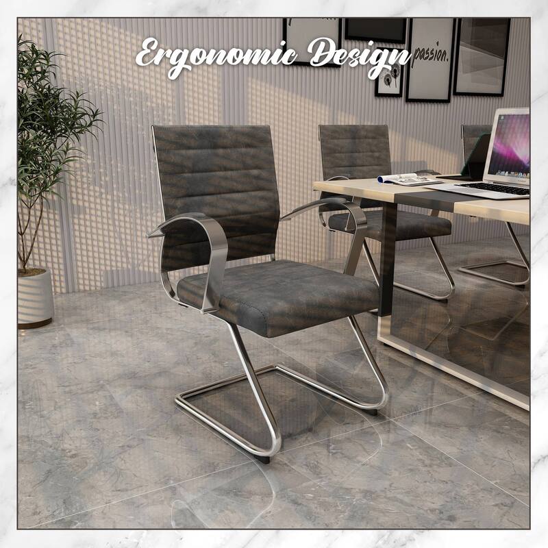 Benmar Modern Leather Office Chair with Stainless Steel Sled Base, Floor Caps, Ergonomic Desk Chair for Home Office or Workspace