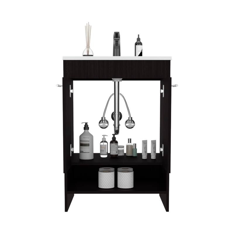 Floor Vanity With Four Drawers And Two Open Shelves,Black