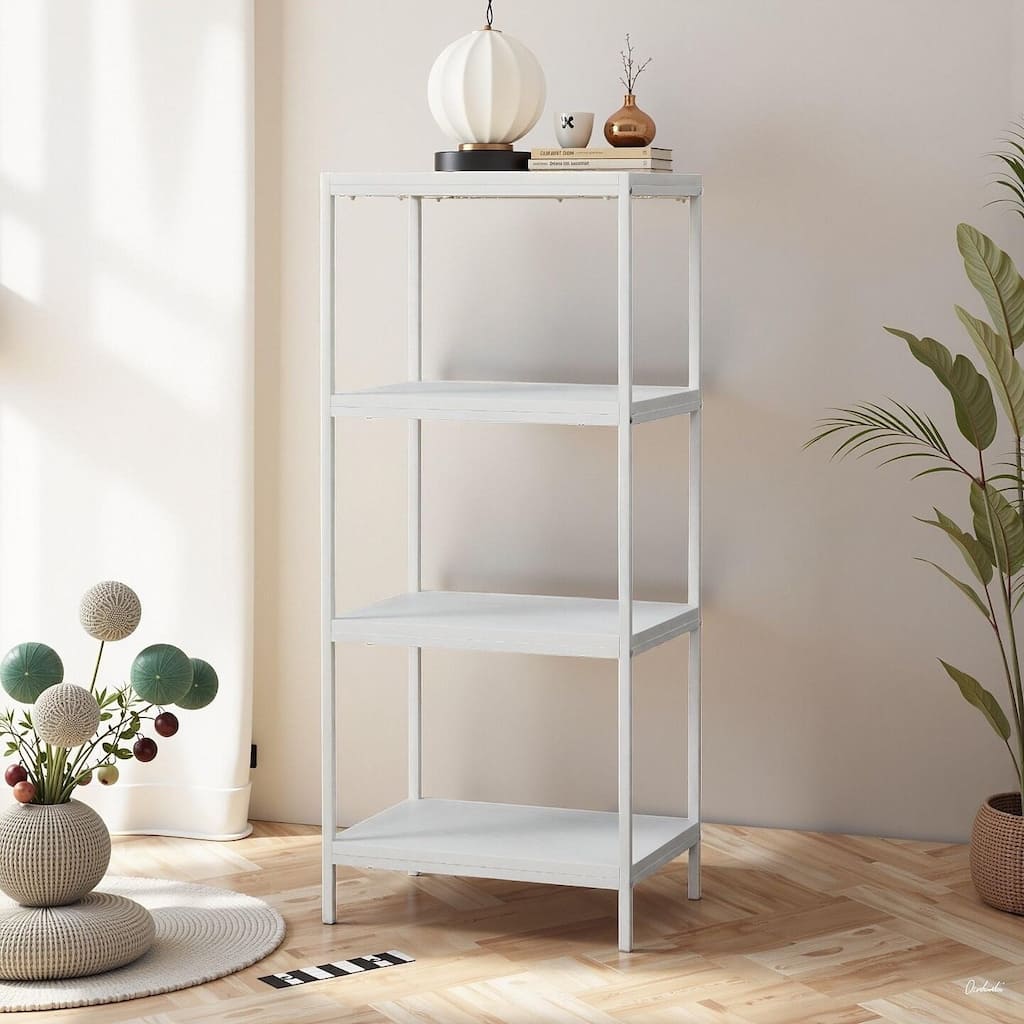 4 Tier Transitional Wood Bookshelf Open Shelf Storage Unit in White for Living Room, Office Bedroom - Stylish Sturdy Bookcase