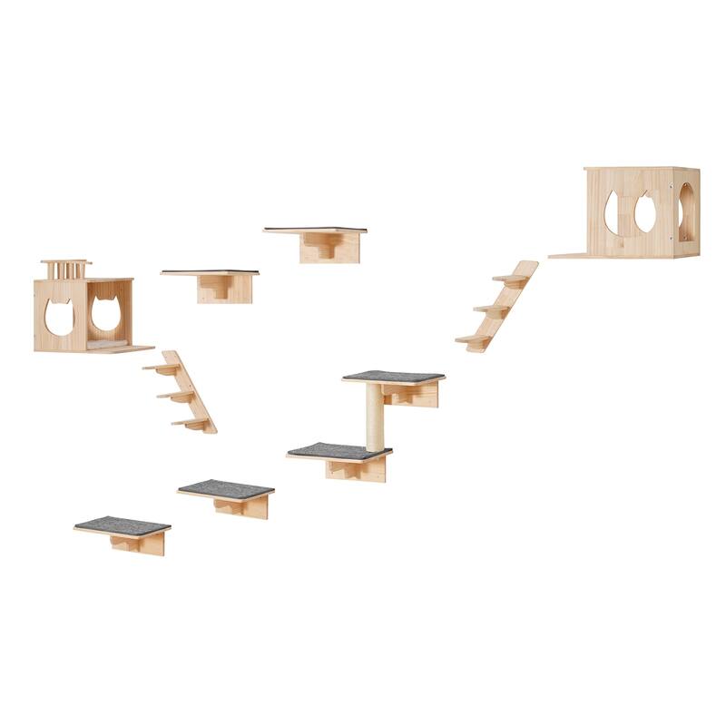 Wall Mounted Cat Shelves, Cat Wall Shelves and Perches with Jumping Boards, Hammock, Sofa, Cat Tree & Cat Grip - 9 set - E0-grade pine wood