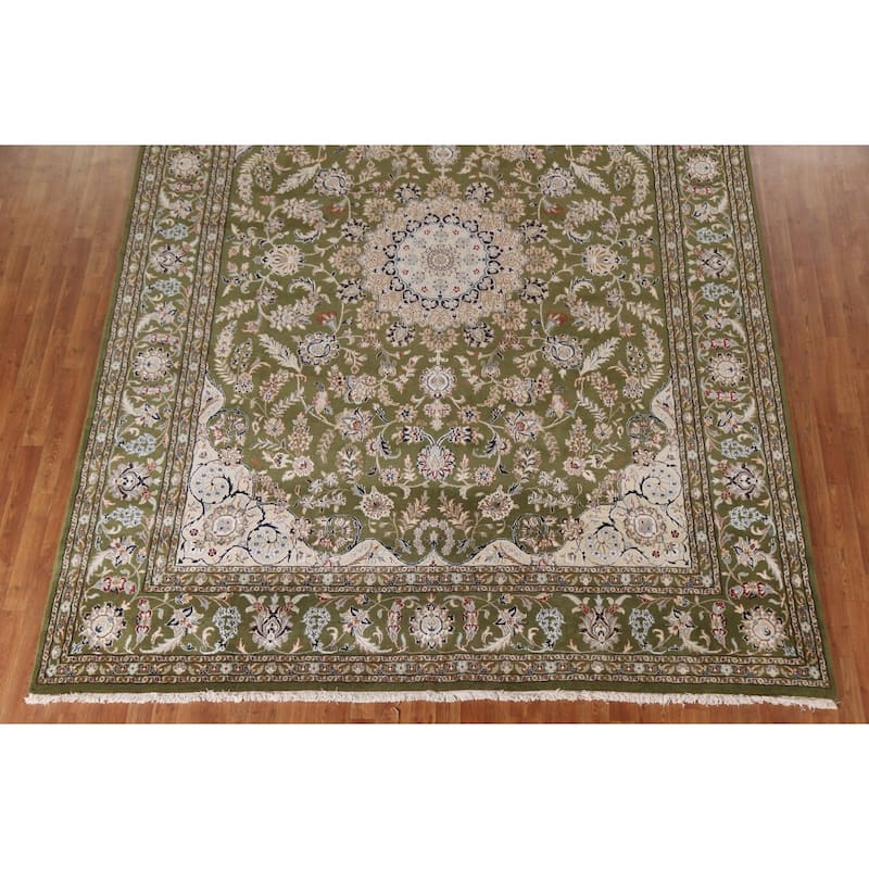 Traditional Green Kashan Oriental Area Rug Floral Wool & Silk Carpet - 9'0"x 12'0"