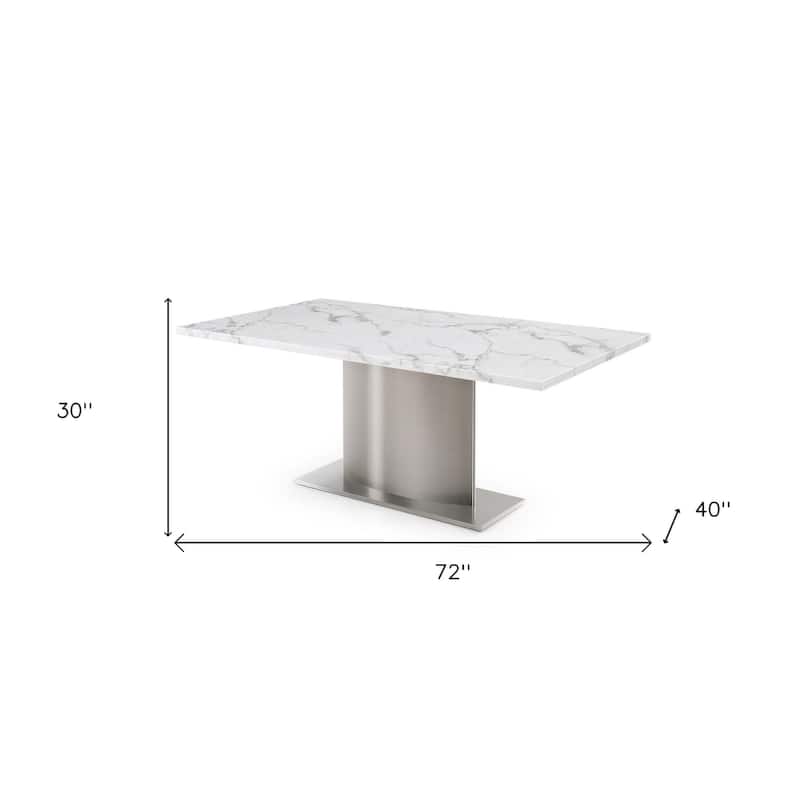 HomeRoots 72" Gray White and Silver Marble and Stainless Steel Pedestal Base Dining Table - 72.00 in. x 30.00 in. x 40.00 in.