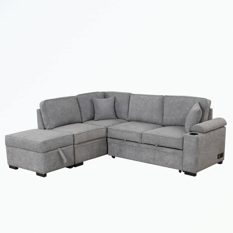 Modern 2 in 1 Pull Out sofa bed L Shape Couch with Storage Ottoman