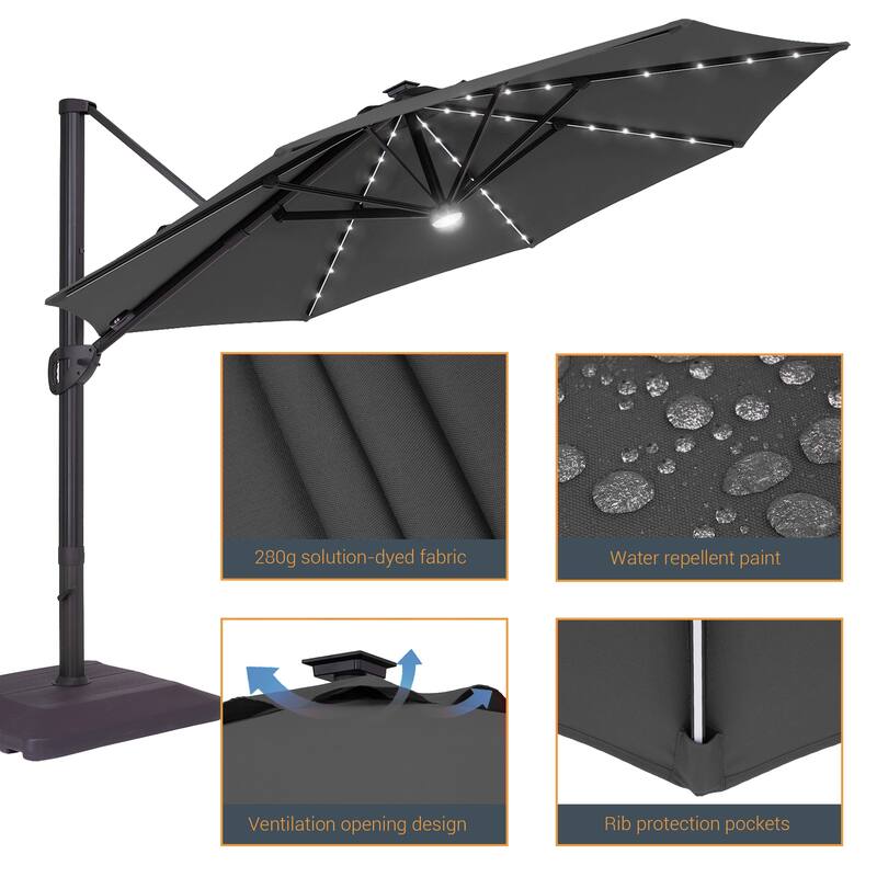LIVOOSUN 11Ft LED Patio Hanging Octagon Cantilever Umbrella with 360-degree Rotating Canopy