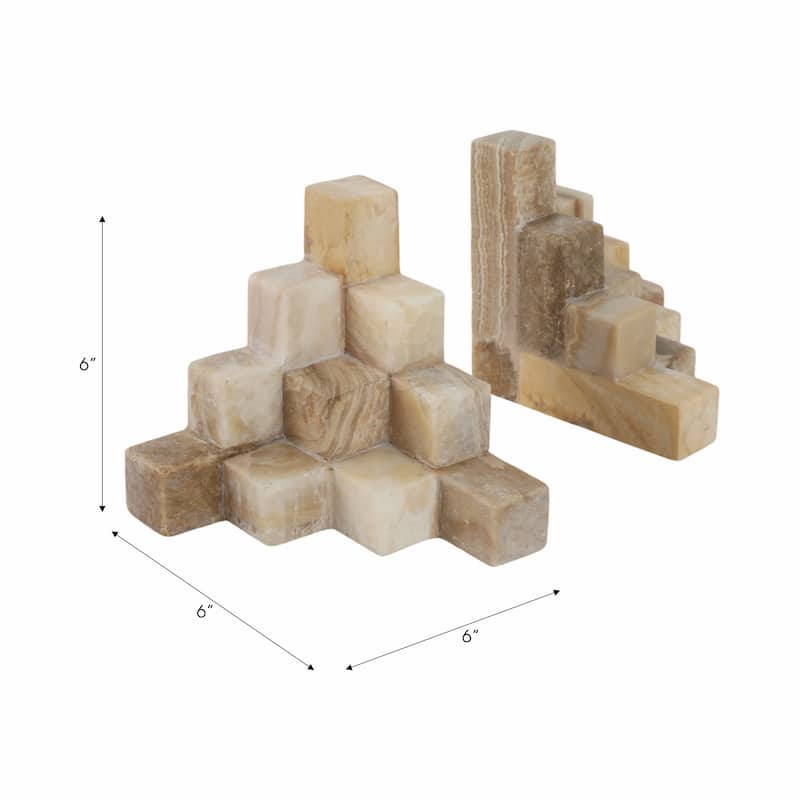Stone Marble Geometric Stacked Texture Bookends (Set of 2) - 6" Tan - 6" x 6" x 6"