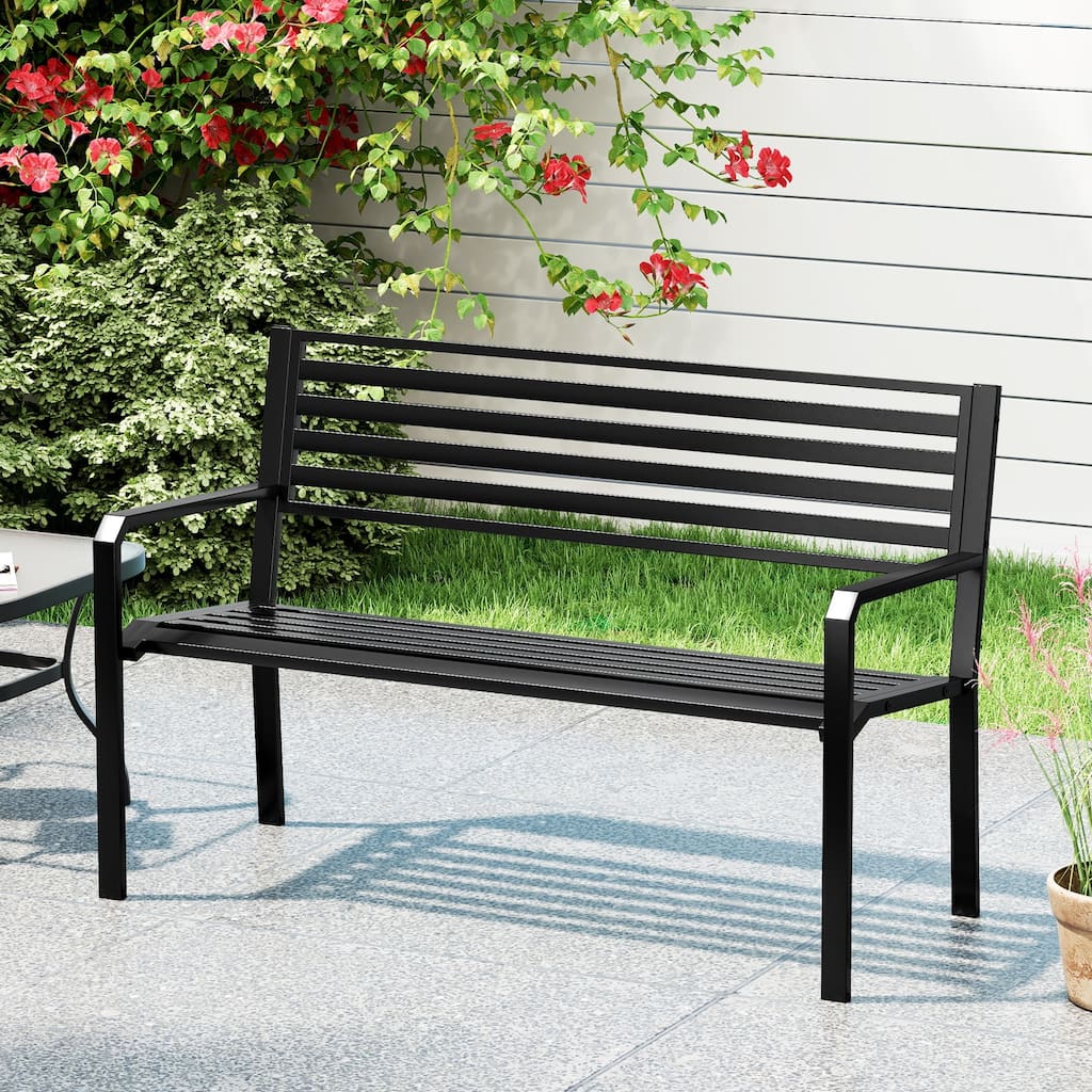 Black Metal Park Bench with Slatted Seat, Armrests and 3-Person Capacity - 50” L x 22” W x32.5” H