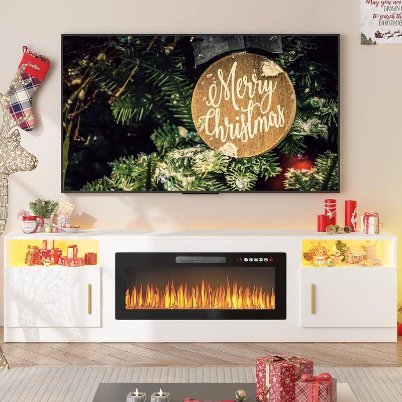 Bossin 80" Fireplace TV Stand with 36" Electric Fireplace, TV Stand for TVs Up to 90", 16 Colors LED Lights/Entertainment Center