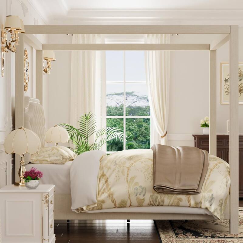 Canopy Platform Bed with Tufted Upholstered Headboard, Four-Poster Frame & Slide Rail, No Box Spring Needed