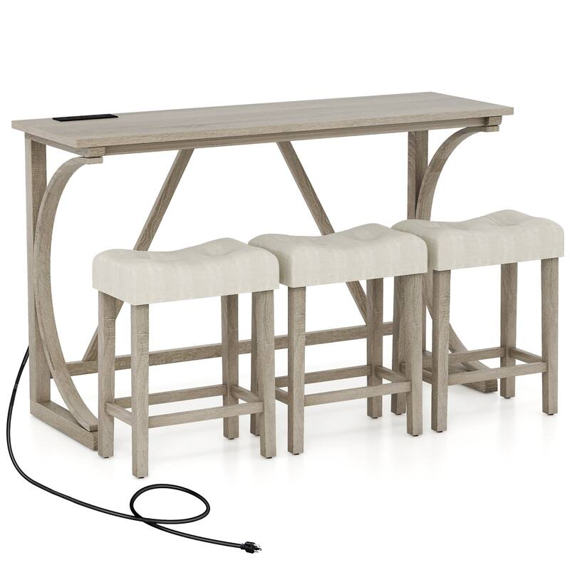 Gymax 4-Piece Bar Table Set w/ Power Outlet Counter Height Bistro - Beige - Wood