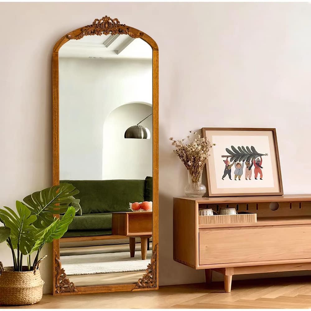 Lumioca Carved Solid Wood Arched Standing Mirror Wall Mirror