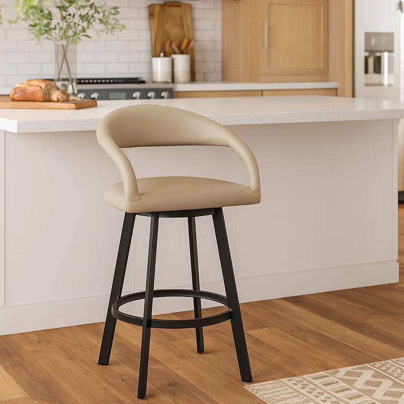 Monie Swivel Barstool Chair, Curved Floating Back, Beige Faux Leather