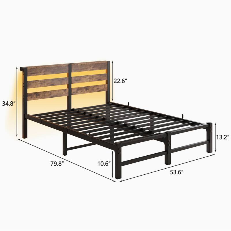 Modern Metal Bed with Wooden Headboard, RGB Lights & Storage Shelf