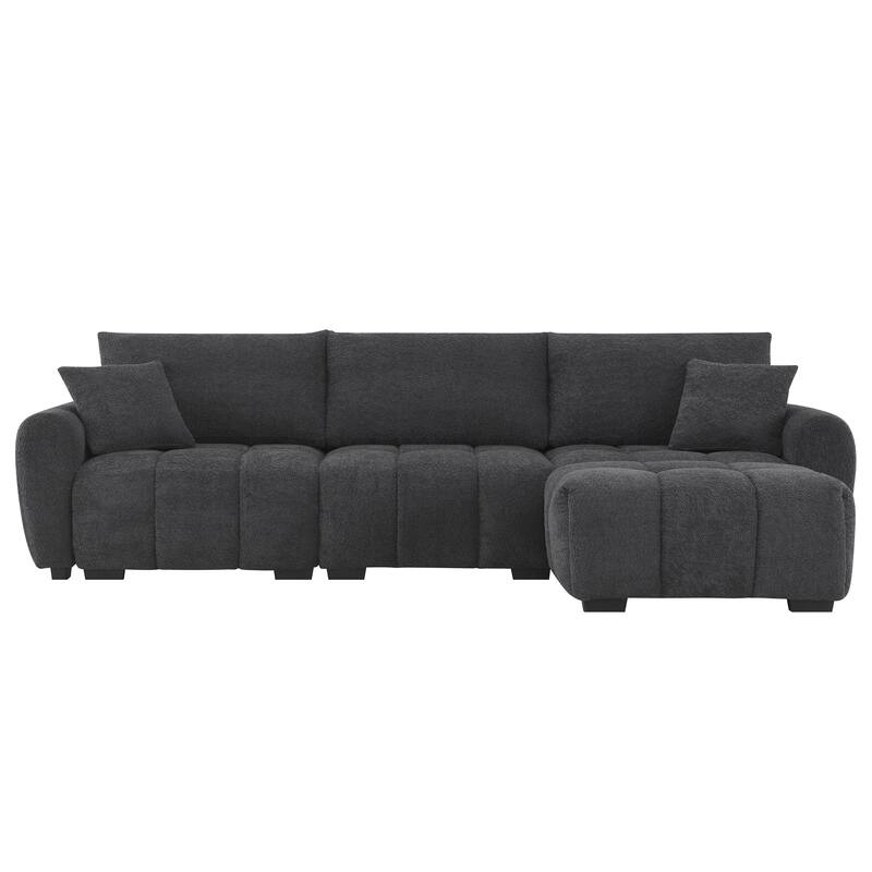 L-Shaped Sectional Sofa with Movable Ottoman, Boucle Fabric Couch with 2 Throw Pillows, Modular Upholstered 4 Seat Sofa