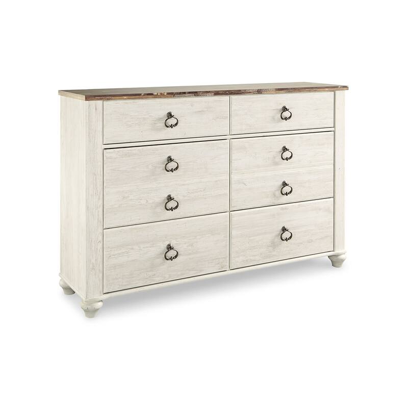 Isla Wide Dresser, 6 Drawers, Brown Wood Finish Top, Rustic Whitewash