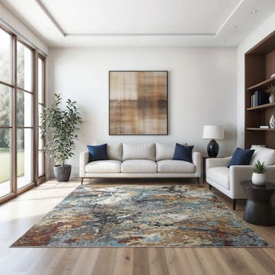 Vista Home Sunderland Abstract Earth Washable Rust/Blue Area Rug Mat