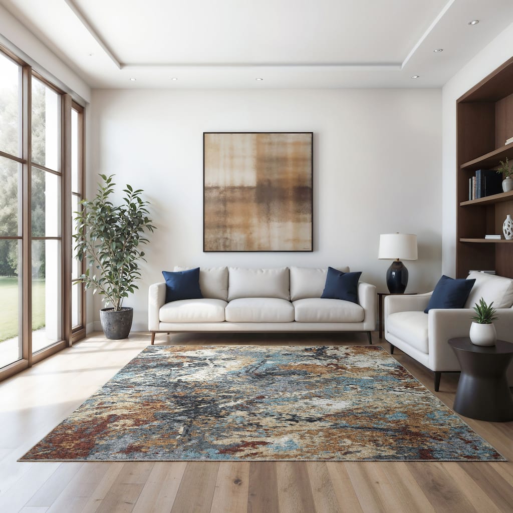 Vista Home Sunderland Abstract Earth Washable Rust/Blue Area Rug Mat