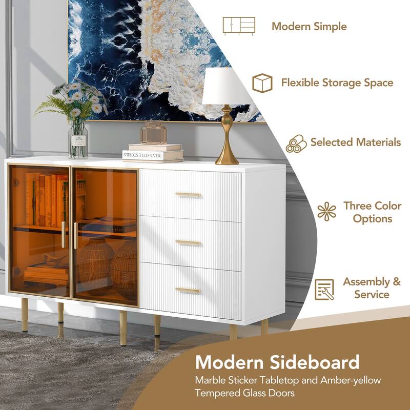Luxury Storage Cabinet with Marble Finish, Gold Legs & Tempered Glass Doors for Modern Living Spaces
