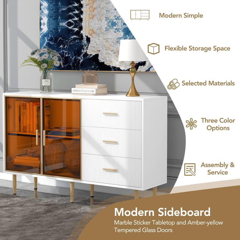 Navy Blue Cabinet with Marble Sticker Top & Amber-Yellow Glass Doors - Elegant Storage