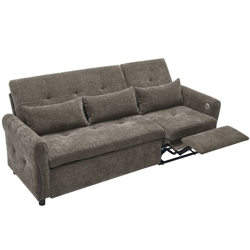 82" Chenille 2-in-1 Sofa Bed with Adjustable Backrest, Reversible Chaise, USB Charging Ports