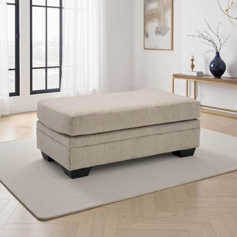 Ead Ottoman Bench, 44 Inch Soft Taupe Brown Polyester, Faux Wood Legs
