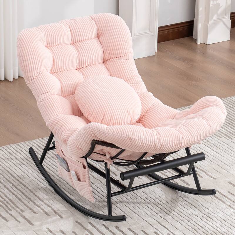 HOMEFUN Corduroy Upholstered Egg Shaped Design Steel Frame Rocking Chair with Side Pocket and Foot Pedal - Pink