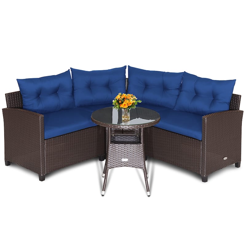 Costway 4PCS Patio Rattan Furniture Set Cushioned Sofa Glass Table - 49.5" x 23" x 29"
