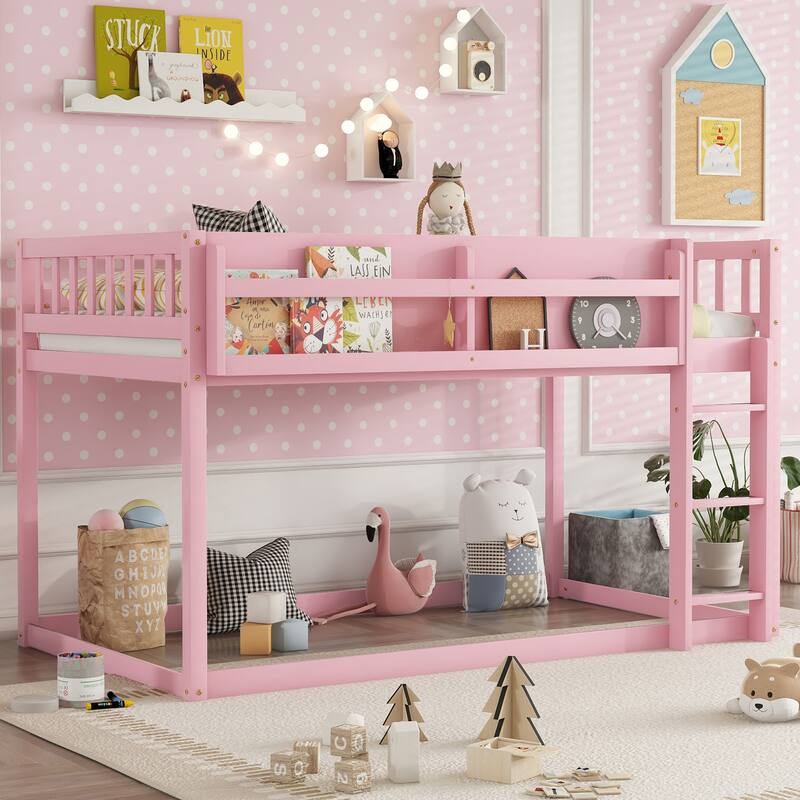Low Twin Over Twin Bunk Bed, Floor Bunk Bed with Ladder and Storage Shelf, Convertible Design Twin Size Bunk Bed Frame