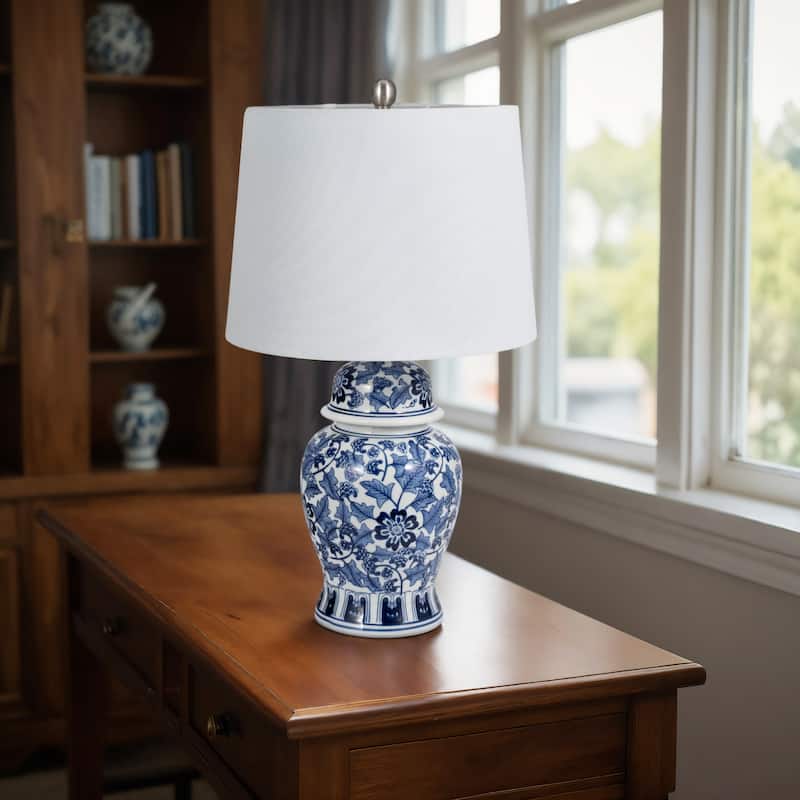Sagebrook Home Ceramic, 25" Temple Jar Table Lamp, Blue/white, Home Decor - 14" x 14" x 25" - Floral Blue - 14" x 14" x 25"