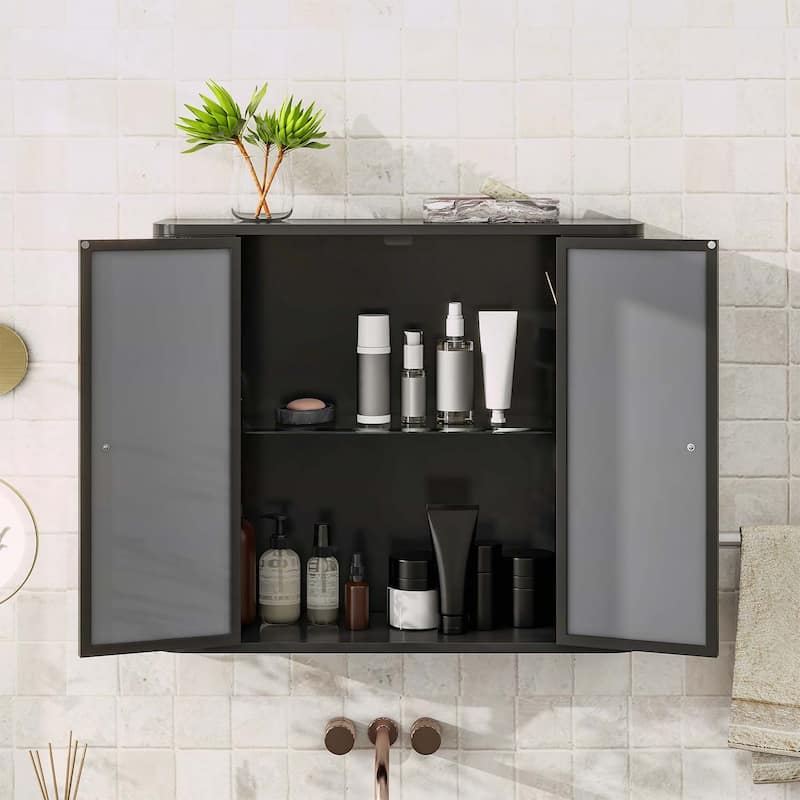 Wall-Mounted Bathroom Cabinet with Mirror,2 Mirrored Doors & Open Shelf,for Vanity,Toilet & Over-the-Sink