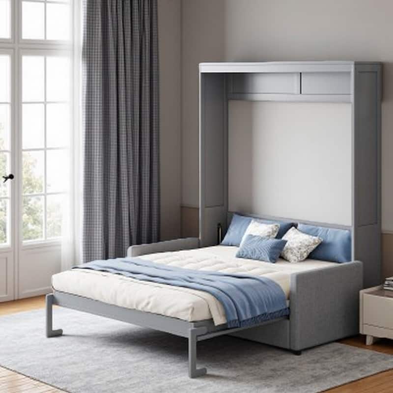 Full Size Wall Bed with Built-In Sofa and Storage, Space-Saving Murphy Bed with Fold-Out Design - Gray