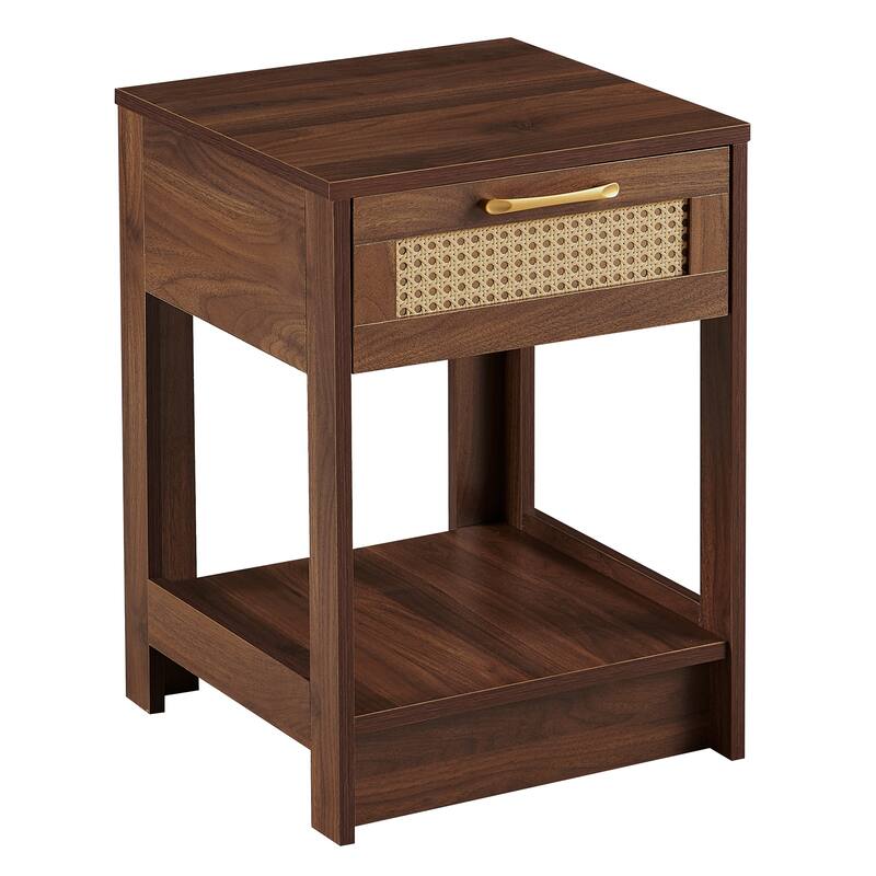 Modern Rattan Nightstand Small Side Table with Drawer for Bedroom or Living Room