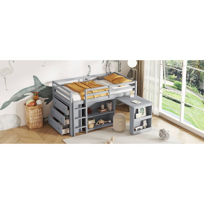 Roomfitters Twin Rubber Wood Loft Bed with Storage Cabinets and Pull-Out Desk, Safety Guardrail and Ladder