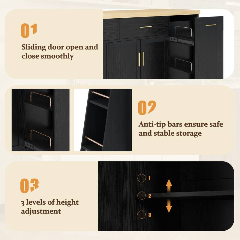 Kitchen Island, Multi-Functional Kitchen Sideboard - Storage Cabinet with Trash Can Holder, Sliding Door & 3-Tier Spice Rack