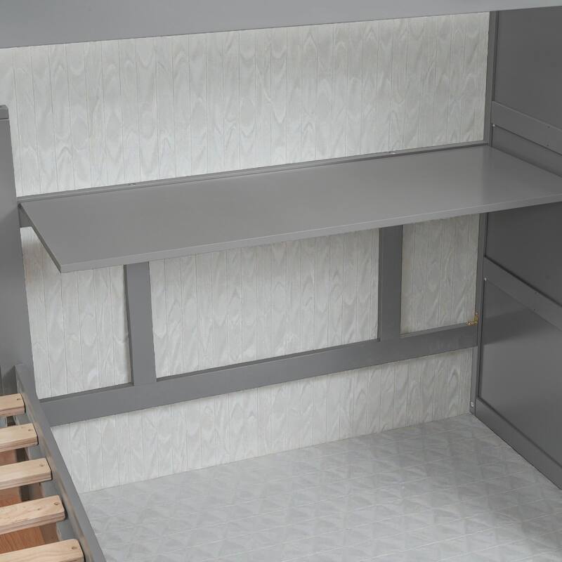 Twin Twin Over Full L-Shaped Bunk Bed with Drawers, Wardrobe and Retractable Desk, Pine Wood Frame