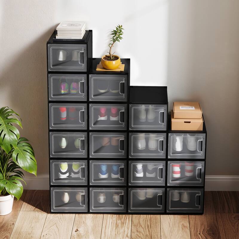 6/12/18 Pack Shoe Storage Box Plastic Stackable Shoe Organizer for Closet Foldable Sneaker Containers Bins Holders Racks