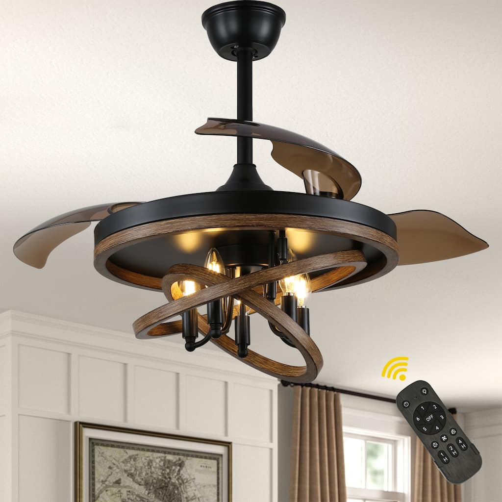 Bella Depot 42" Rustic Retractable Ceiling Fan with Light and Remote 6-Speed Reversible Fan