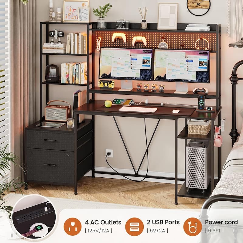Computer Desk Gaming Desk 2 Drawers Shelves Pegboard 8 Hooks