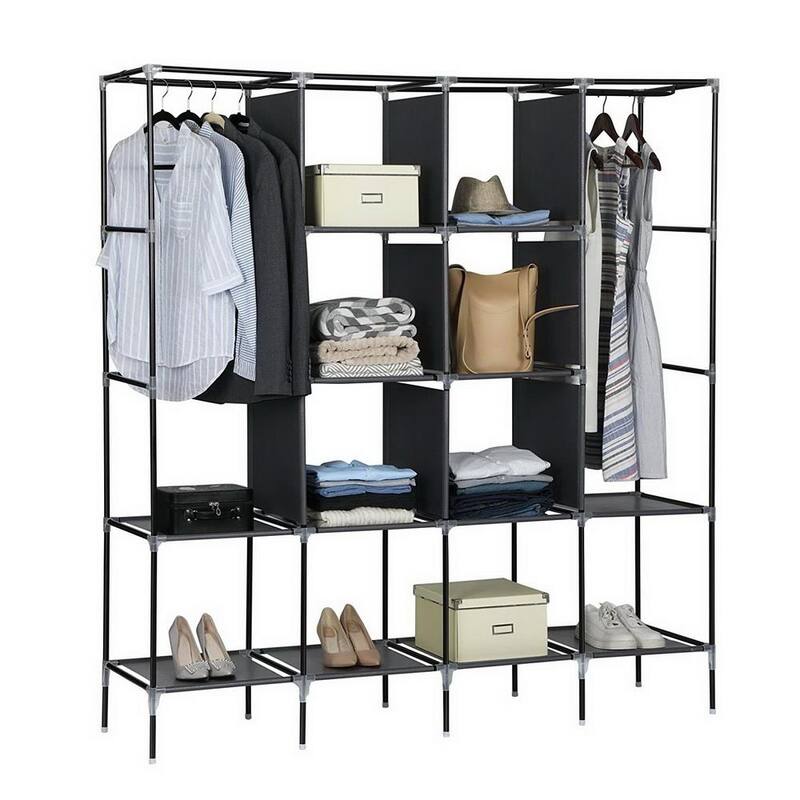 67" Clothes Closet Portable Wardrobe Clothes Storage Rack 12 Shelves 4 Side Pockets Grey