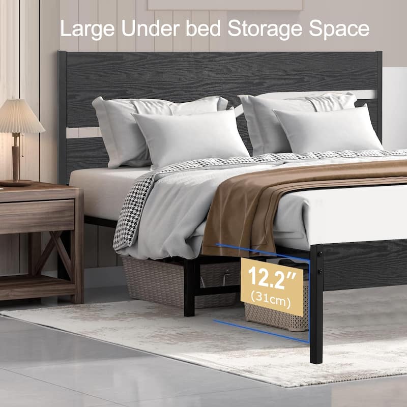 VECELO Beds Industrial Platform Bed Frame with Wood Headboard,Easy Set up