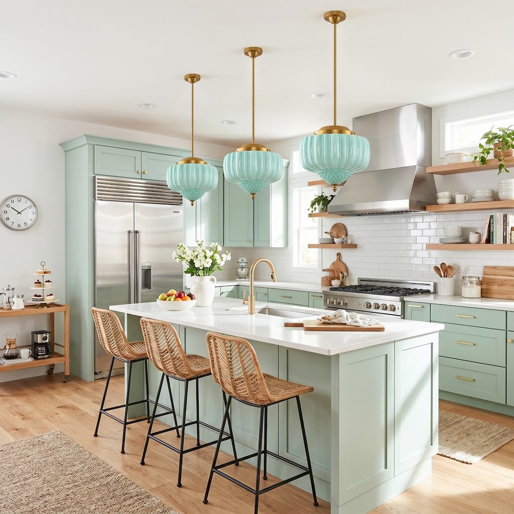 14" Vintage Green Glass 3-Light Schoolhouse Pendant Light Adjustable Chandelier for Kitchen Island