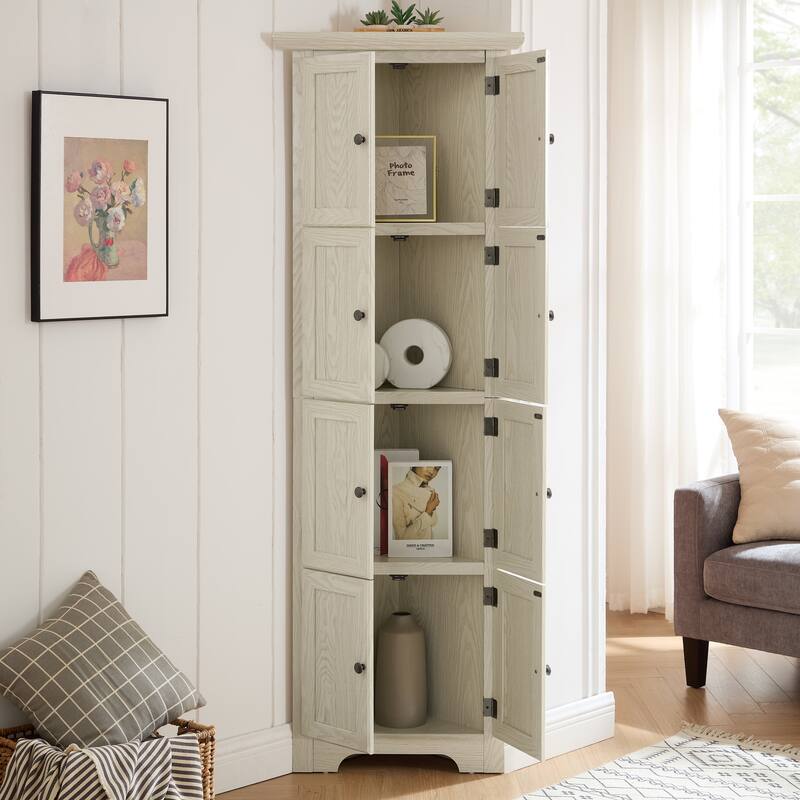 GDF Studio - Farmhouse Corner Cabinet Tall 4-Tier Storage Pantry with 8 Doors.